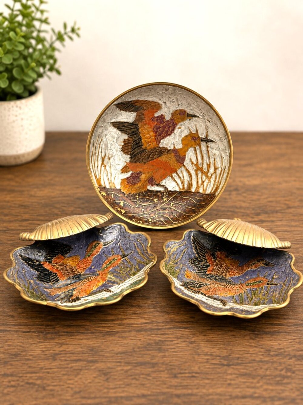 Vintage Hampton Brass India Bird Bowls Set of 3 Hand Painted Decorative Brass